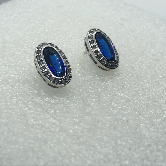 Vtg Sterling Silver Oval Blue & White Cz Halo Stud Earrings .6” x .4” - Picture 2 of 8
